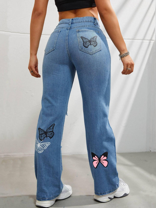 High Waisted Straight Leg Jeans For Women Trendy Butterfly Print Ripped Distressed Denim Pants - JNR Products