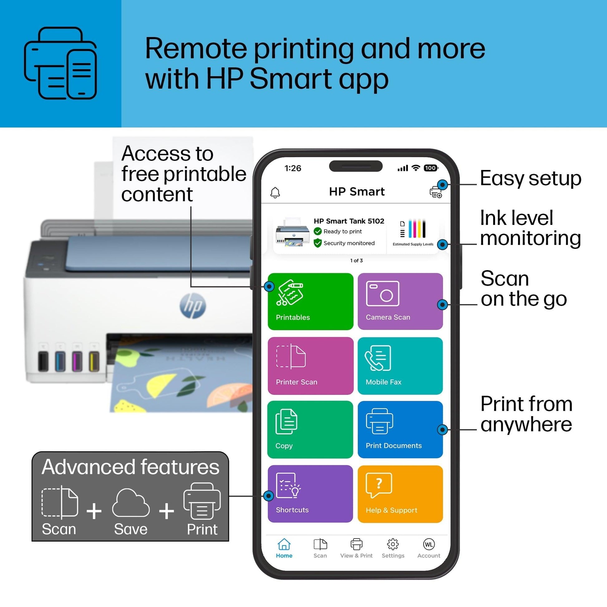 HP Smart Tank 5102 Wireless All-in-One Color Home Inkjet Tank Printer w/up to 2 Yrs of Ink Incl - JNR Products