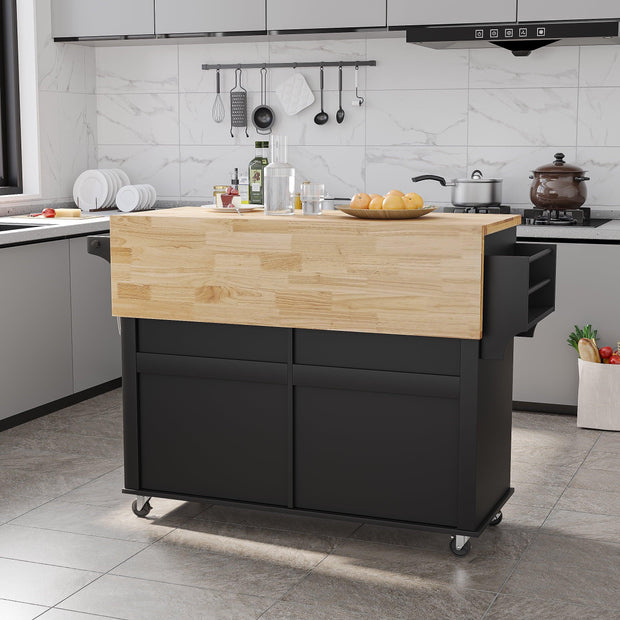 CAIDI Rolling Kitchen Island with Drop Leaf, Kitchen Cart with Rubber wood Countertop, Lockable Casters, Adjustable Shelves, Matte(Black-51.2"x29.5"x35.8") - JNR Products