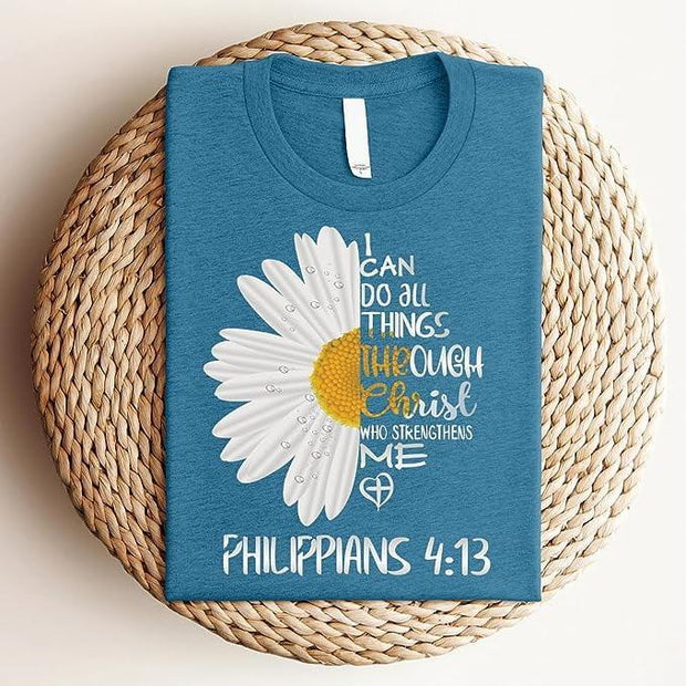 Love in Faith | I Can Do All Things Daisy Short Sleeve | Christian T-Shirts for Women | Faith-Based Apparel | Christian Gifts | Heather Deep Teal | Medium - JNR Products