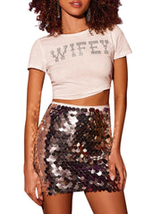 Eyicmarn Women Glitter Mini Skirt, High Waist Disco Sequin Club Skirt Stage Performance Clothes - JNR Products