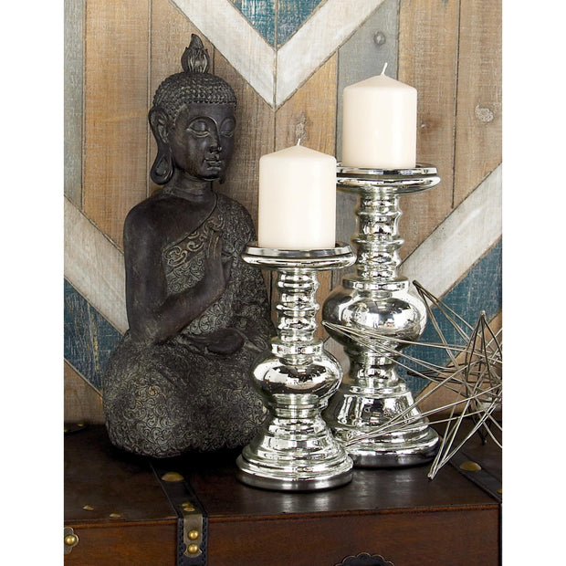 DecMode Traditional Squat Style Glass Pillar Candle Holder with Silver Speckle Finish, Set of 2 9", 12"H - JNR Products