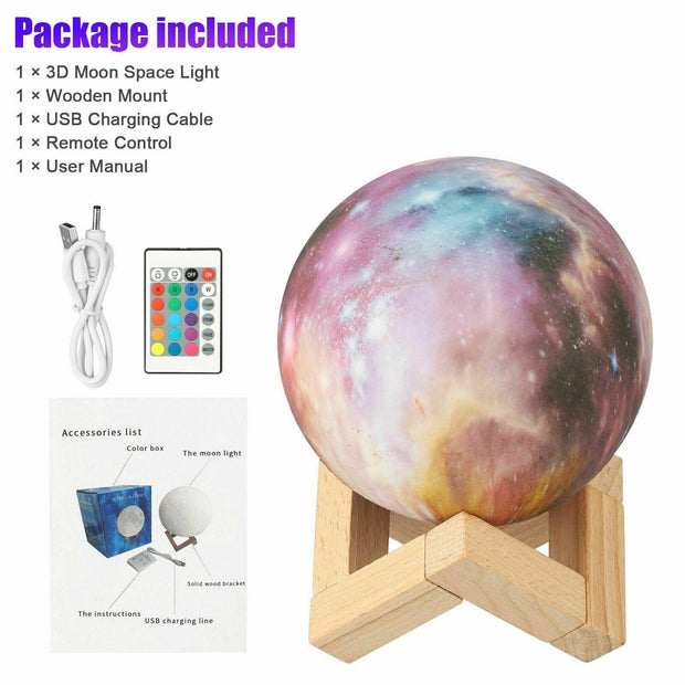 Moon Lamp Kids Night Light Galaxy Lamp 5.9 inch 16 Colors LED 3D Star Moon Light with Wood Stand, Remote & Touch Control USB Rechargeable Gift for Baby Girls Boys Birthday - JNR Products