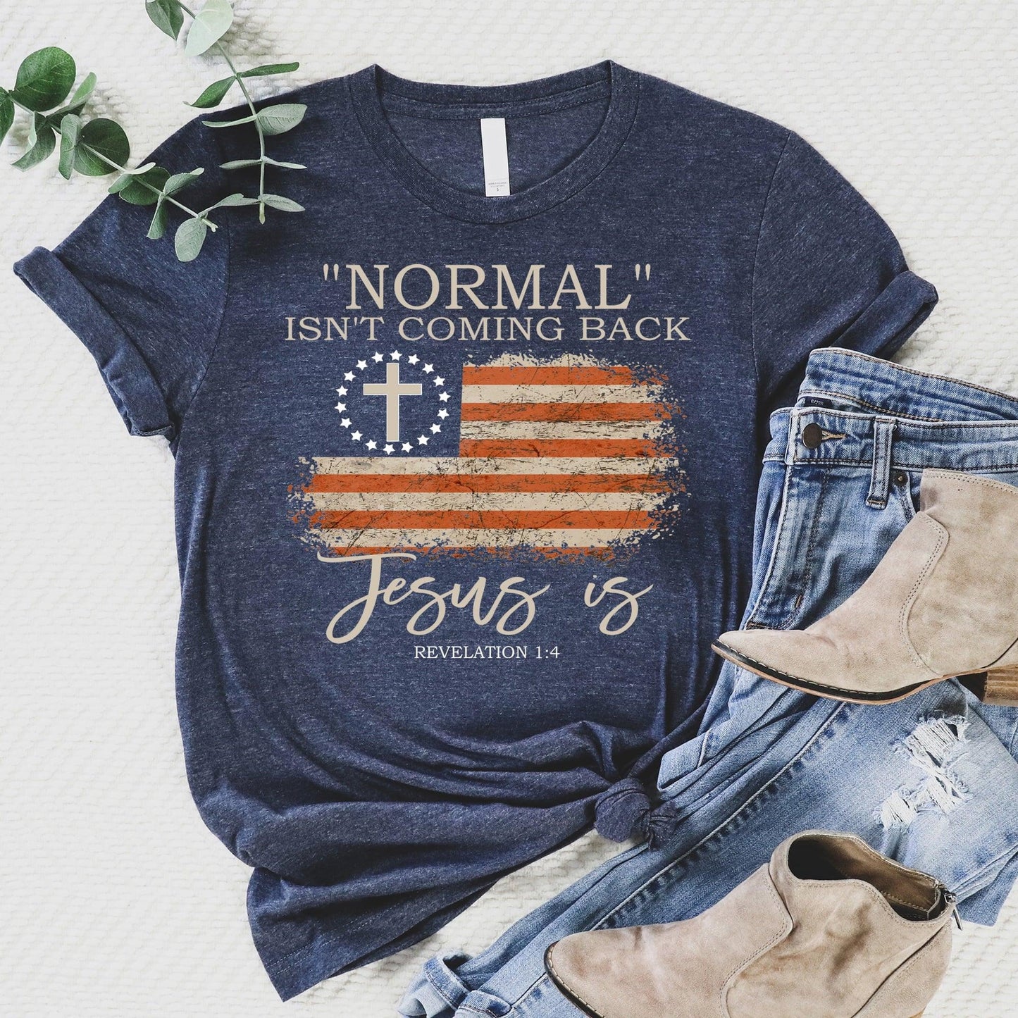 Love in Faith | Normal Isn't Comig Back Short Sleeve | Heather Navy | Christian T-Shirts for Women | Faith Based Apparel |Christian Gifts - JNR Products