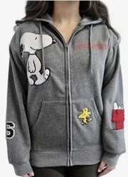 NWT Peanuts Snoopy Full Zip Sweatshirt Hoodie With Chenille Patches ~ Gray L - JNR Products