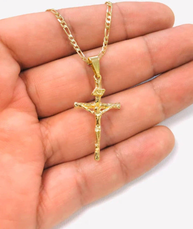 14K Gold Filled Pendant Cross 33x18mm Necklace 20” Figaro Link for Men Women - Prime Jewelry 269 - JNR Products