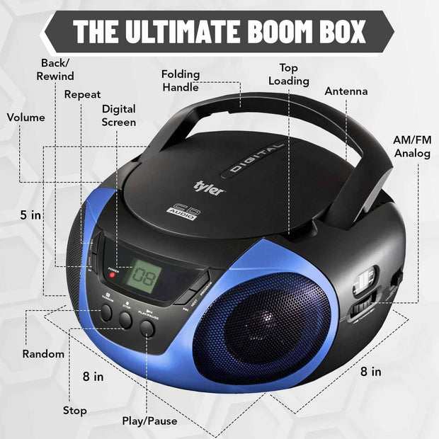 Tyler Portable Boom Box CD Player AM/FM Radio Combo, Dynamic Boombox CD Players for Home/Outdoor Portable Stereo with Speakers, Long Antenna for Best Reception Aux Input/3.5mm Headphone Jack, Blue - JNR Products