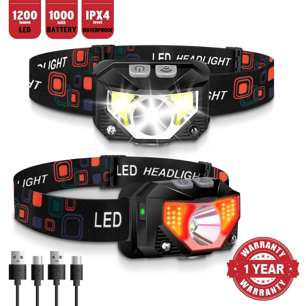 2 Pack LED Rechargeable Headlamp, Ultra Bright 1200 Lumen Headlights, Waterproof, Camping, Running, Cycling, Hunting, Kids Adults, Red White - JNR Products