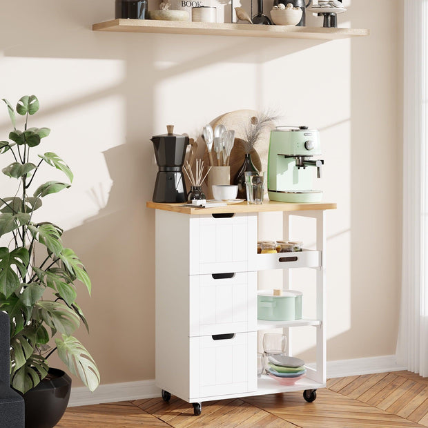 Walsunny Kitchen Island, Rolling Kitchen Storage Cart with 3 drawers 3 Level Open Wooden shelving Counter tops, Coffee Bar（White） - JNR Products