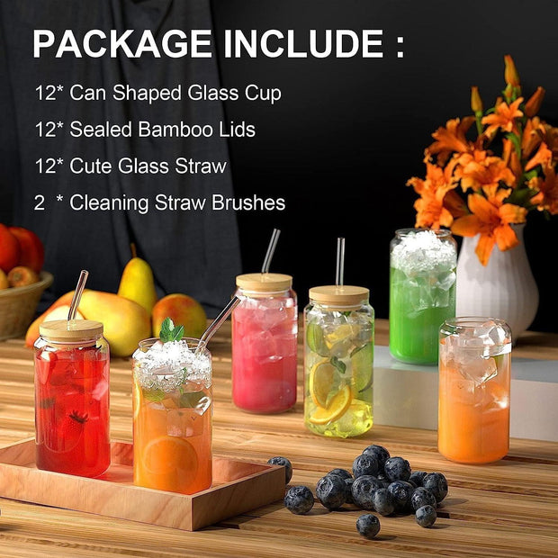 Gijjgole Drinking Glasses with Bamboo Lids and Straws 4pcs, Glass Cups Set, 16oz Beer Can Shaped Glasses, Iced Coffee Cups, Cute Tumbler Cup, for Whiskey, Wine Cocktail Boba Tea Gift - JNR Products