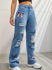 High Waisted Straight Leg Jeans For Women Trendy Butterfly Print Ripped Distressed Denim Pants - JNR Products