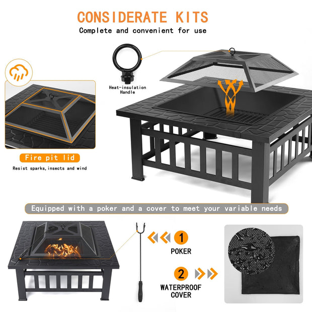 Fire Pits for Outside, 32" Wood Burning Fire Pit Tables with Screen Lid, Poker, BBQ Net, Ice Tray, Food Clip and Cover, Backyard Patio Garden Outdoor Fire Pit/Ice Pit/BBQ Fire Pit, Black - JNR Products