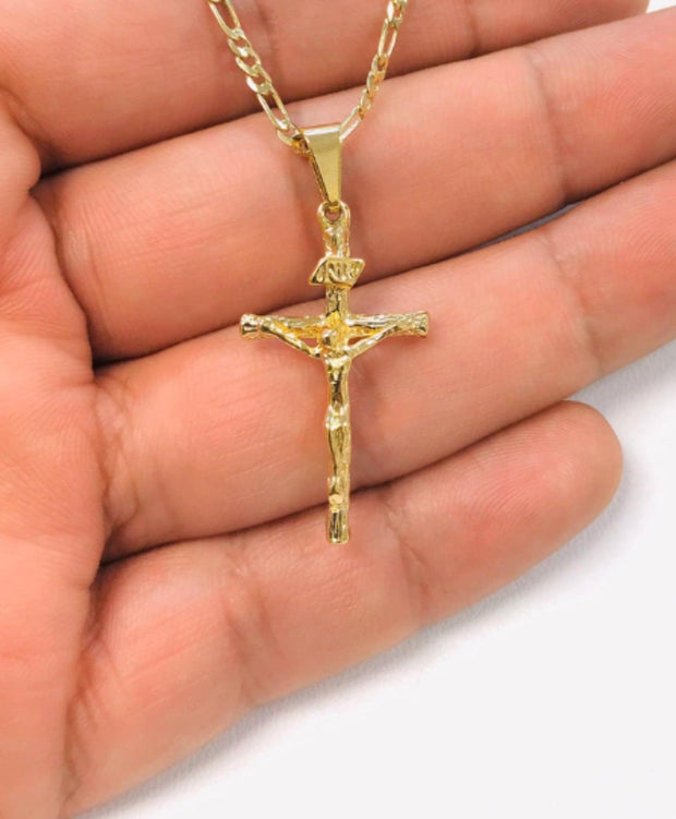 14K Gold Filled Pendant Cross 33x18mm Necklace 20” Figaro Link for Men Women - Prime Jewelry 269 - JNR Products