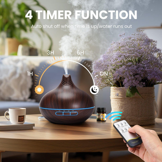 Noahstrong 500ml Essential Oil Diffuser with 8*10ml Nature Essential Oils Set, Woodgrain Aromatherapy Fragrant Oil Air Humidifier with Remote Control for Large Room Bedroom Office Car SPA Yoga - JNR Products