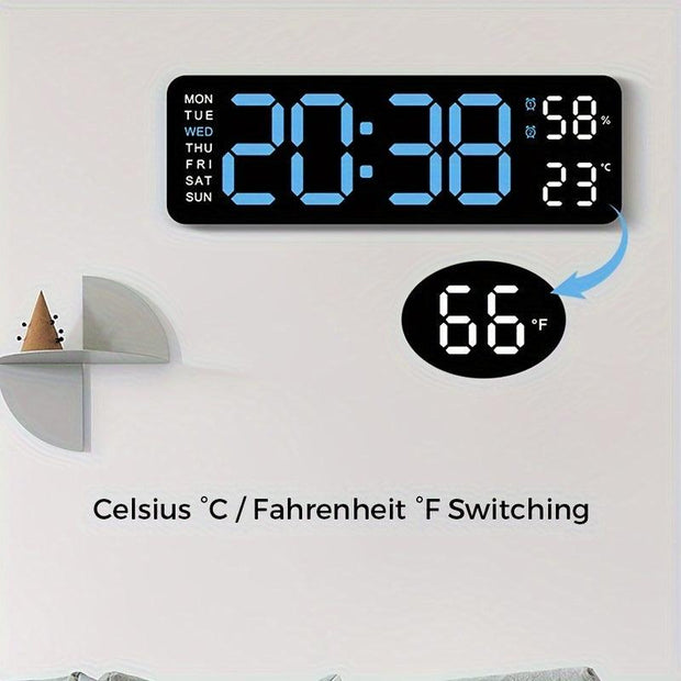 1pc Modern Multi-Functional Silent Living Room Clock - Large Screen LED Display, Rectangular Shape, Week, Temperature, Humidity, Alarm Function, Stand or Hang Option - JNR Products