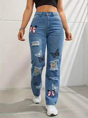 High Waisted Straight Leg Jeans For Women Trendy Butterfly Print Ripped Distressed Denim Pants - JNR Products