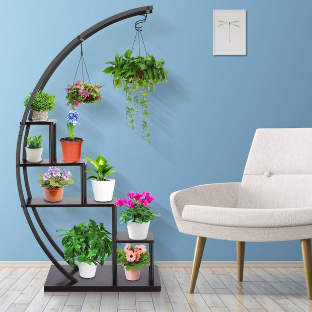 Funcid 5 Tier Plant Stand for Indoor Plants Half Moon Shape Plant Shelf with Hanging Hook, Multiple Planter Display for Home Decor, Living Room, Balcony, and Bedroom 2Pack - JNR Products