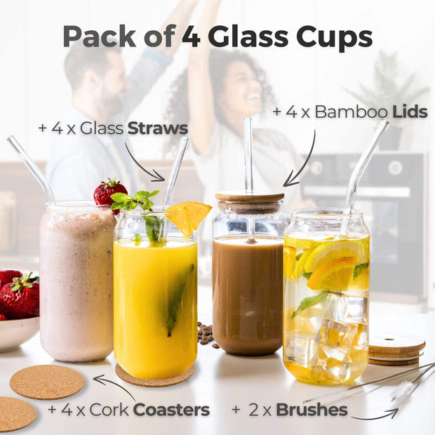 Scoozee 18 oz Drinking Glasses Set of 4 with Bamboo Lids & Glass Straws – Perfect for Iced Coffee, Beer, and Housewarming Gifts - JNR Products