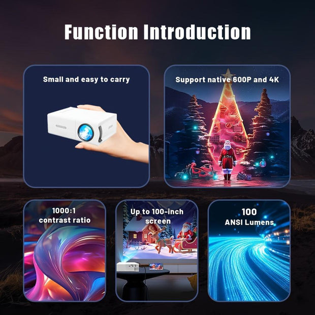 Portable 4K HD Mini Projector with Remote Control - Brightness 3000+ Lumens, 3D Support, USB Powered, Ideal for Home Theater, Camping, and Office Use, Christmas Gift, Built-in Speaker - JNR Products