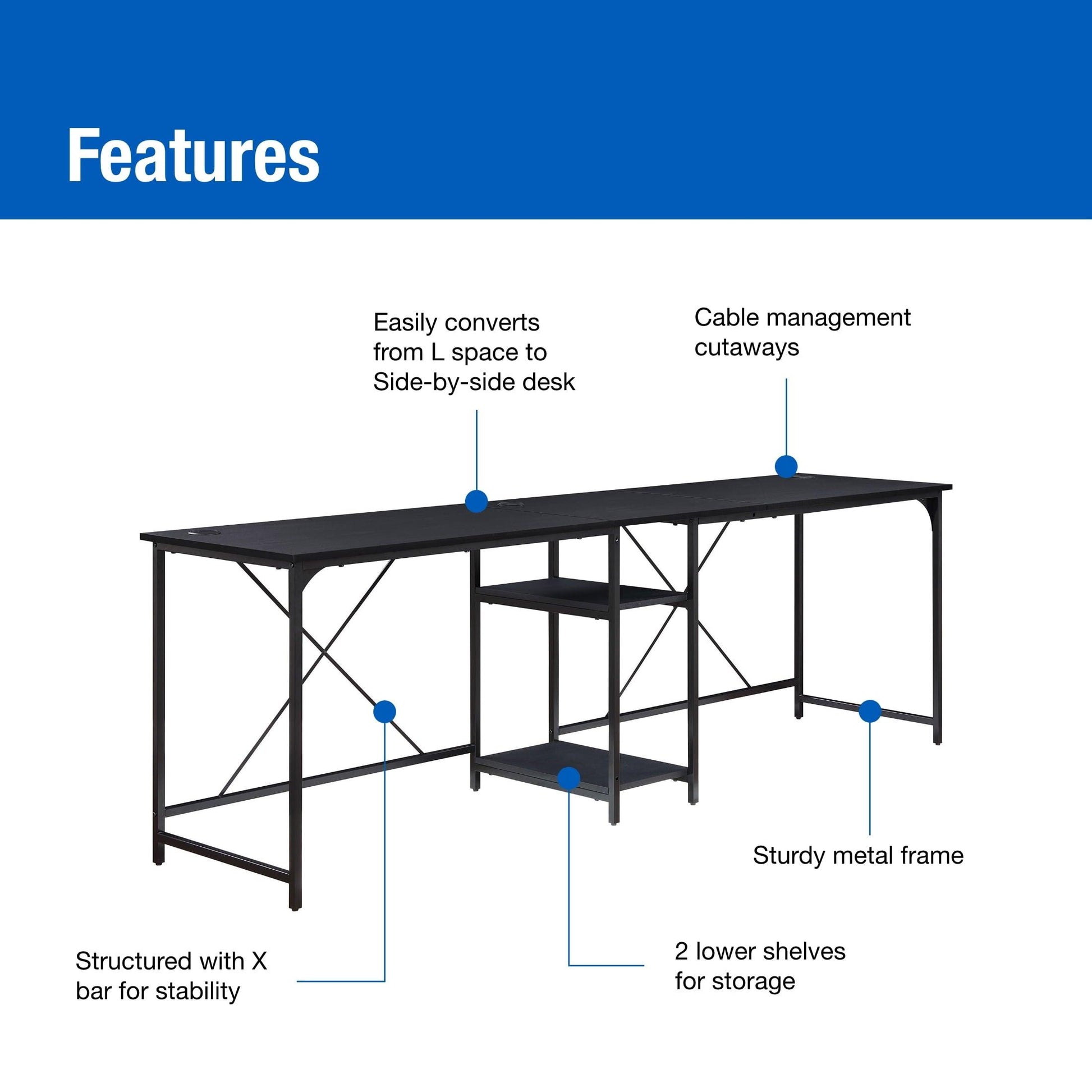 Mainstays Two-Way Convertible Desk with Lower Storage Shelf, Black Wood Grains Finish and Black Metal Frame - JNR Products