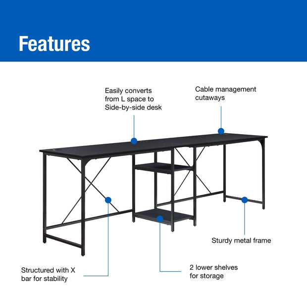 Mainstays Two-Way Convertible Desk with Lower Storage Shelf, Black Wood Grains Finish and Black Metal Frame - JNR Products