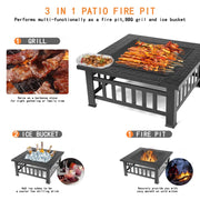 Fire Pits for Outside, 32" Wood Burning Fire Pit Tables with Screen Lid, Poker, BBQ Net, Ice Tray, Food Clip and Cover, Backyard Patio Garden Outdoor Fire Pit/Ice Pit/BBQ Fire Pit, Black - JNR Products