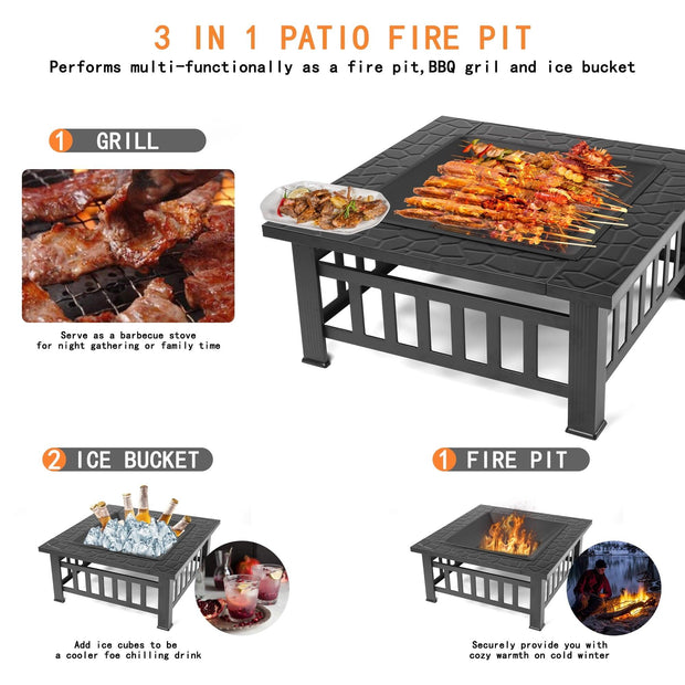 Fire Pits for Outside, 32" Wood Burning Fire Pit Tables with Screen Lid, Poker, BBQ Net, Ice Tray, Food Clip and Cover, Backyard Patio Garden Outdoor Fire Pit/Ice Pit/BBQ Fire Pit, Black - JNR Products