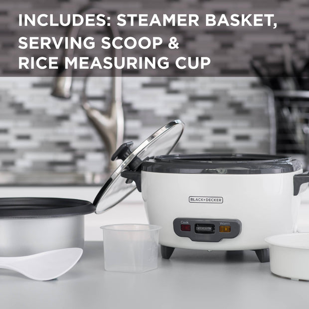 BLACK+DECKER 6-Cup Rice Cooker with Steaming Basket, White, RC506 - JNR Products