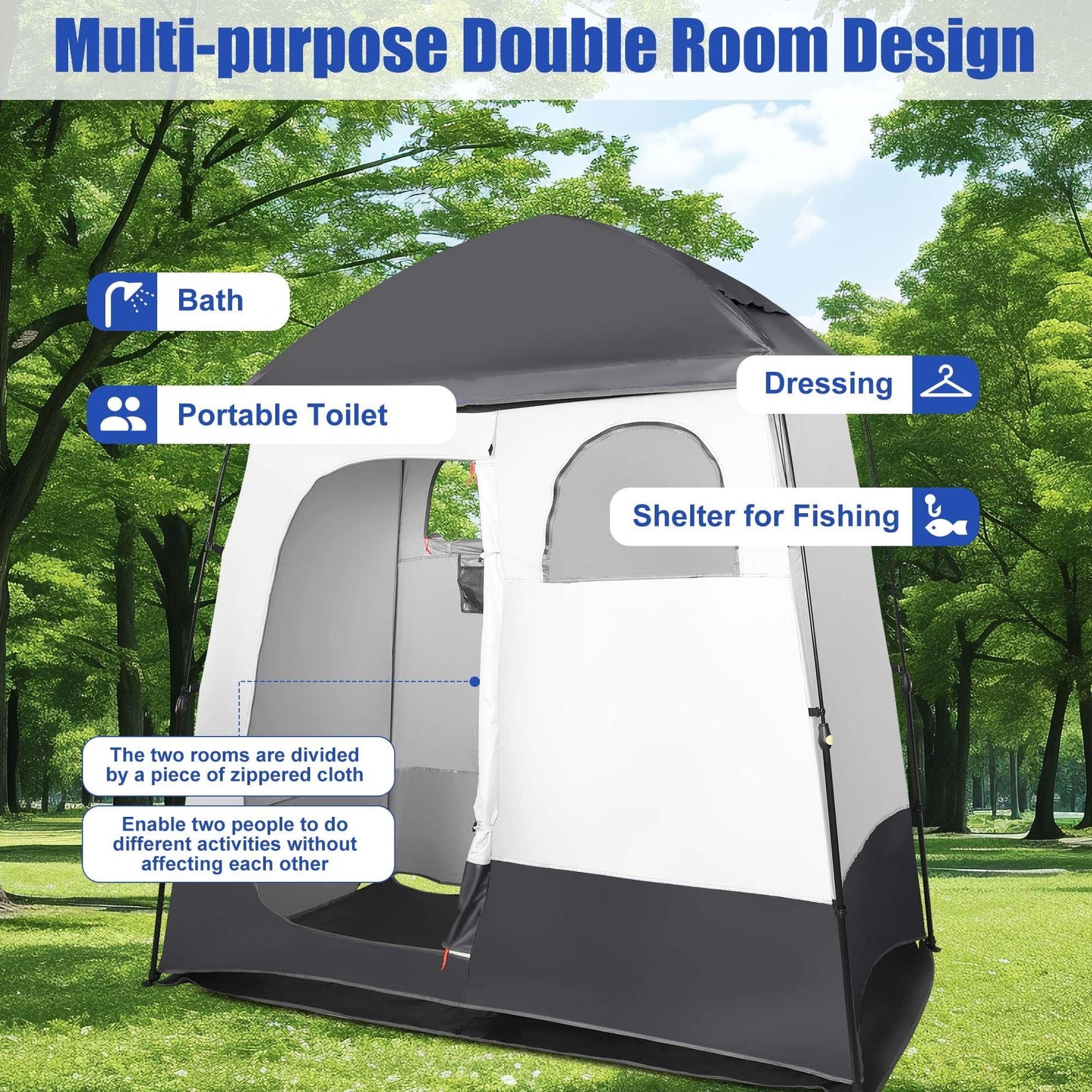 GVDV Camping Shower Tent, 2 Rooms Oversize Outdoor Portable Shelter, Privacy Tent with Detachable Top, 87" x 47" x 87" - JNR Products