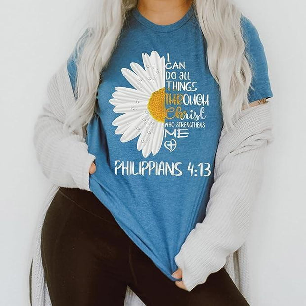 Love in Faith | I Can Do All Things Daisy Short Sleeve | Christian T-Shirts for Women | Faith-Based Apparel | Christian Gifts | Heather Deep Teal | Medium - JNR Products