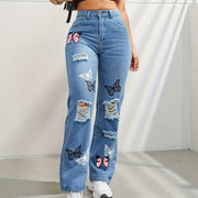 High Waisted Straight Leg Jeans For Women Trendy Butterfly Print Ripped Distressed Denim Pants - JNR Products