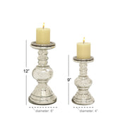 DecMode Traditional Squat Style Glass Pillar Candle Holder with Silver Speckle Finish, Set of 2 9", 12"H - JNR Products