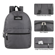 Trail Maker 24 Pack of Bulk Wholesale Basic and Classic 17 Inch Backpacks with Front Accessory Pocket, Dual Zipper Closure and Padded Adjustable Shoulder Straps for Work, School and Classrooms in Gray - JNR Products