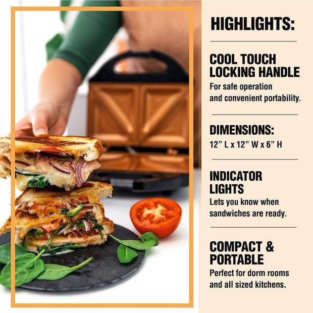 Gotham Steel Electric Sandwich Maker 2 Slice Panini Press Dual Indoor Grilled Cheese French Toast Waffle Nonstick Ceramic - JNR Products