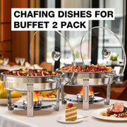 WARMOUNTS Chafing Dish Buffet Set, 2 Pack 5-Quart Round Buffet Chafe Warmer Set, 410 Stainless Steel Chafing Dish Buffet Food Warmer with Glass Lid & Holder - JNR Products