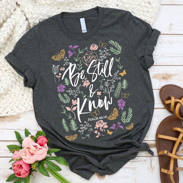 Love in Faith | Be Still Short Sleeve | Heather Charcoal | Christian T-Shirts for Women | Faith Based Apparel |Christian Gifts - JNR Products