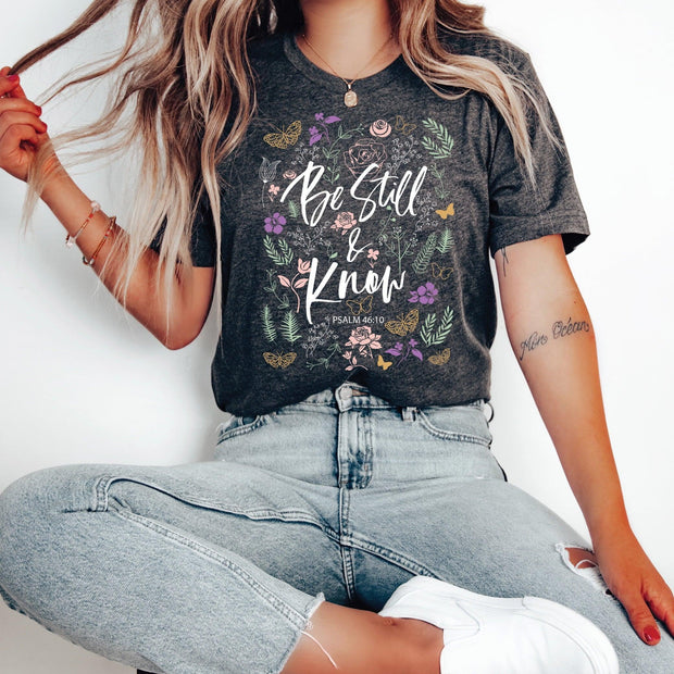 Love in Faith | Be Still Short Sleeve | Heather Charcoal | Christian T-Shirts for Women | Faith Based Apparel |Christian Gifts - JNR Products