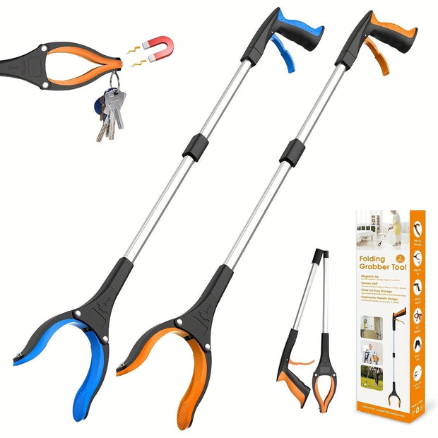 2 Foldable Grabber Pick Tools - 33" Long Reach, 360° Rotating Jaw, Strong Magnet, and Ergonomic Grip - Perfect for Seniors, Heavy Duty, Garbage Pickup, and Outdoor Use - JNR Products