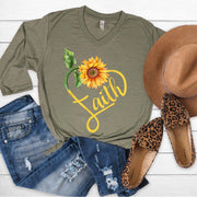 Love in Faith | Faith Sunflower 3/4 Sleeve V-Neck | Christian T-Shirts for Women | Faith-Based Apparel | Christian Gifts | Heather Olive | 3XL - JNR Products