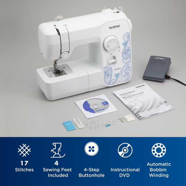 Brother LX3817 17-Stitch Portable Full-Size Sewing Machine, White - JNR Products