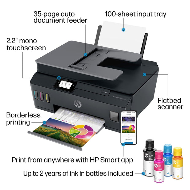 HP Smart Tank Plus 570 Wireless Color All-in-One Ink Tank Printer with up to 2 Years of Ink Included - JNR Products