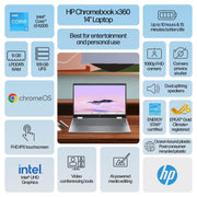 HP Chromebook Plus x360 14 inch FHD IPS Touch 2-in-1 Laptop with Google AI Intel Core i3-N305 8GB RAM 128GB UFS Meteor Silver - JNR Products