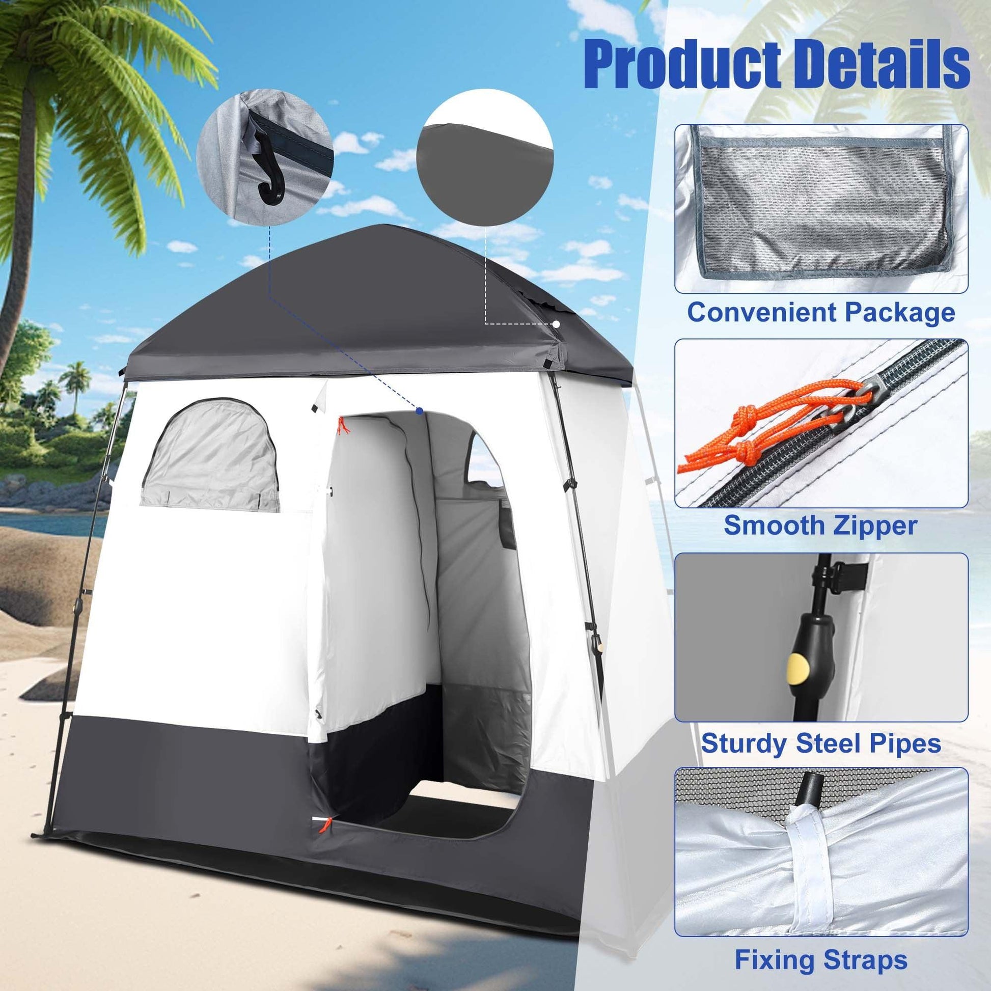 GVDV Camping Shower Tent, 2 Rooms Oversize Outdoor Portable Shelter, Privacy Tent with Detachable Top, 87" x 47" x 87" - JNR Products