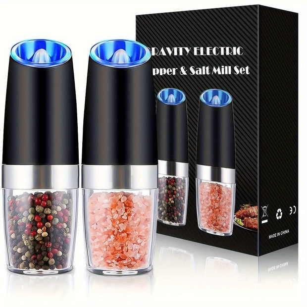 2pcs Stainless Steel Adjustable Coarseness Gravity Electric Pepper and Salt Grinder Set, Battery Operated with LED Light, No Batteries Included - JNR Products