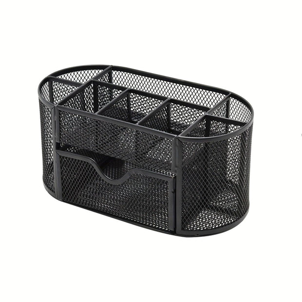 Mesh Desk Organizer, Freestanding Oval-Shaped Office Caddy with Drawers, Multi-Functional Stationery Holder, Stainless Steel Finish Desktop & Off-Surface Shelf for School, Home, Art Supplies - JNR Products