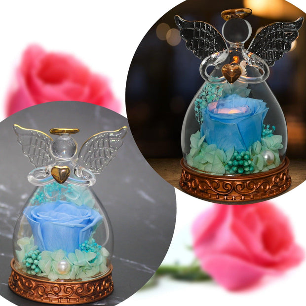 Mom Grandma Gift on Mother's Day, Preserved Real Rose in Angel Glass Dome with LED Lights Angel Gifts for Thanksgiving Birthday Anniversary Wedding Valentine's Day (Light Blue) - JNR Products