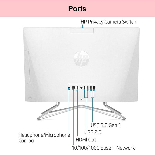 HP Essential All-in-One, 21.5" FHD Display, Intel Celeron J4025, 8GB RAM, 256GB SSD, HDMI, Webcam, Wired Keyboard & Mouse, Wi-Fi, Windows 11 Home, White - JNR Products