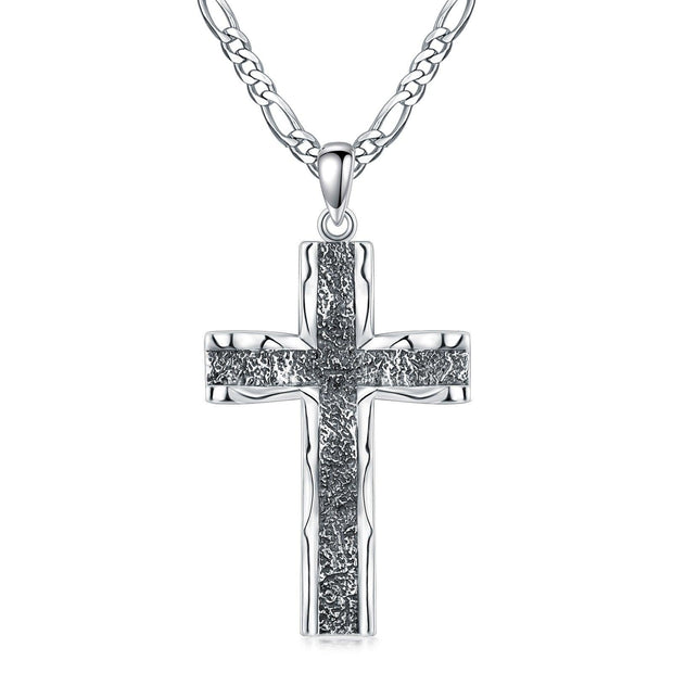 925 Sterling Silver Cross Pendant with Stainless Steel Figaro Chain Oxidized Cross Necklace Christian Jewelry - JNR Products