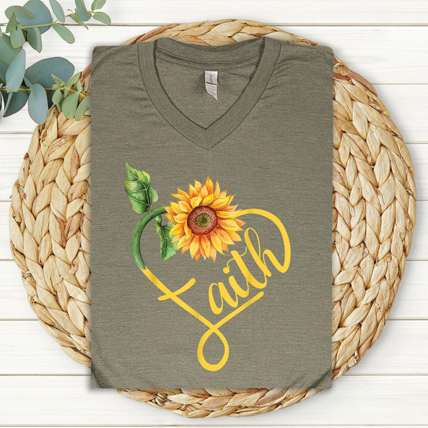 Love in Faith | Faith Sunflower 3/4 Sleeve V-Neck | Christian T-Shirts for Women | Faith-Based Apparel | Christian Gifts | Heather Olive | 3XL - JNR Products