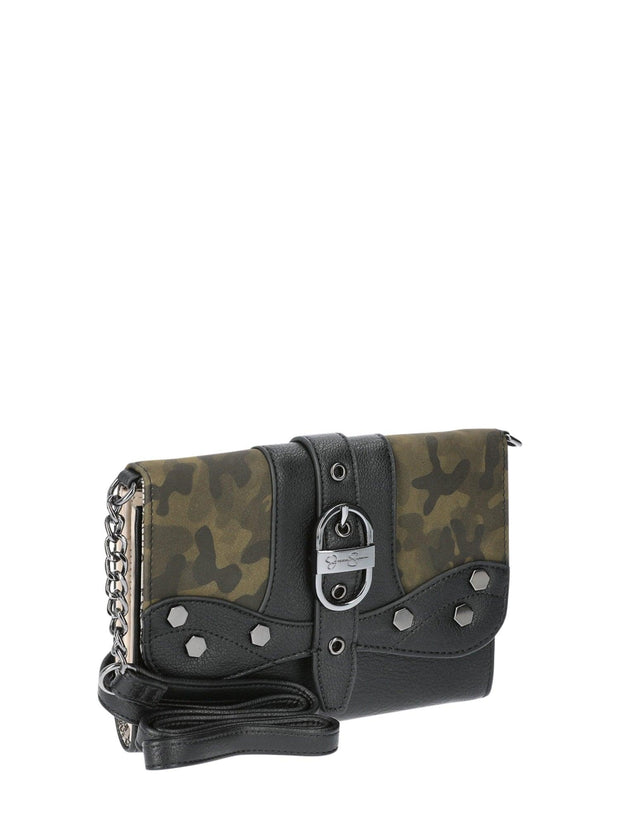 Jessica Simpson Woman's Courtney Clutch Wallet with Chain Strap, Black with Camo - JNR Products